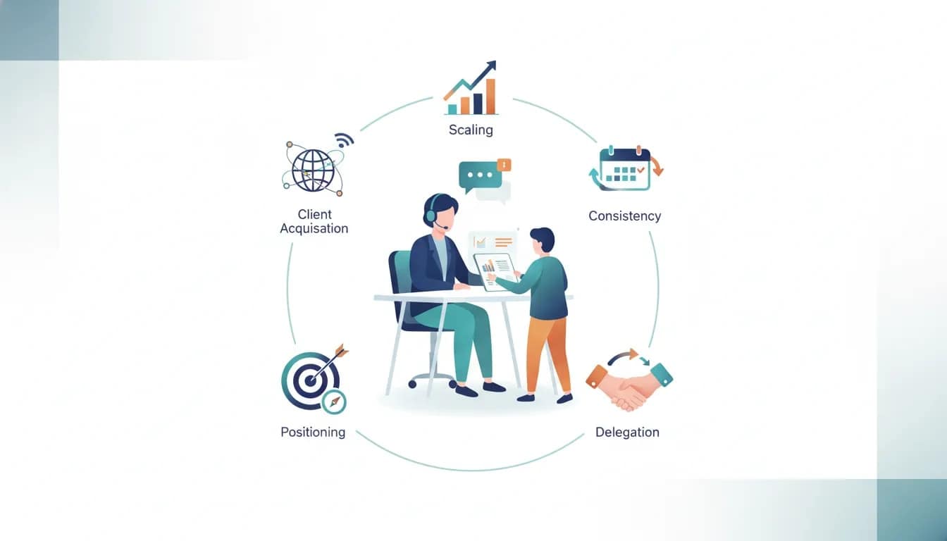 Illustration of a translator surrounded by five visual strategy symbols representing client acquisition, positioning, consistency, delegation, and scaling.
